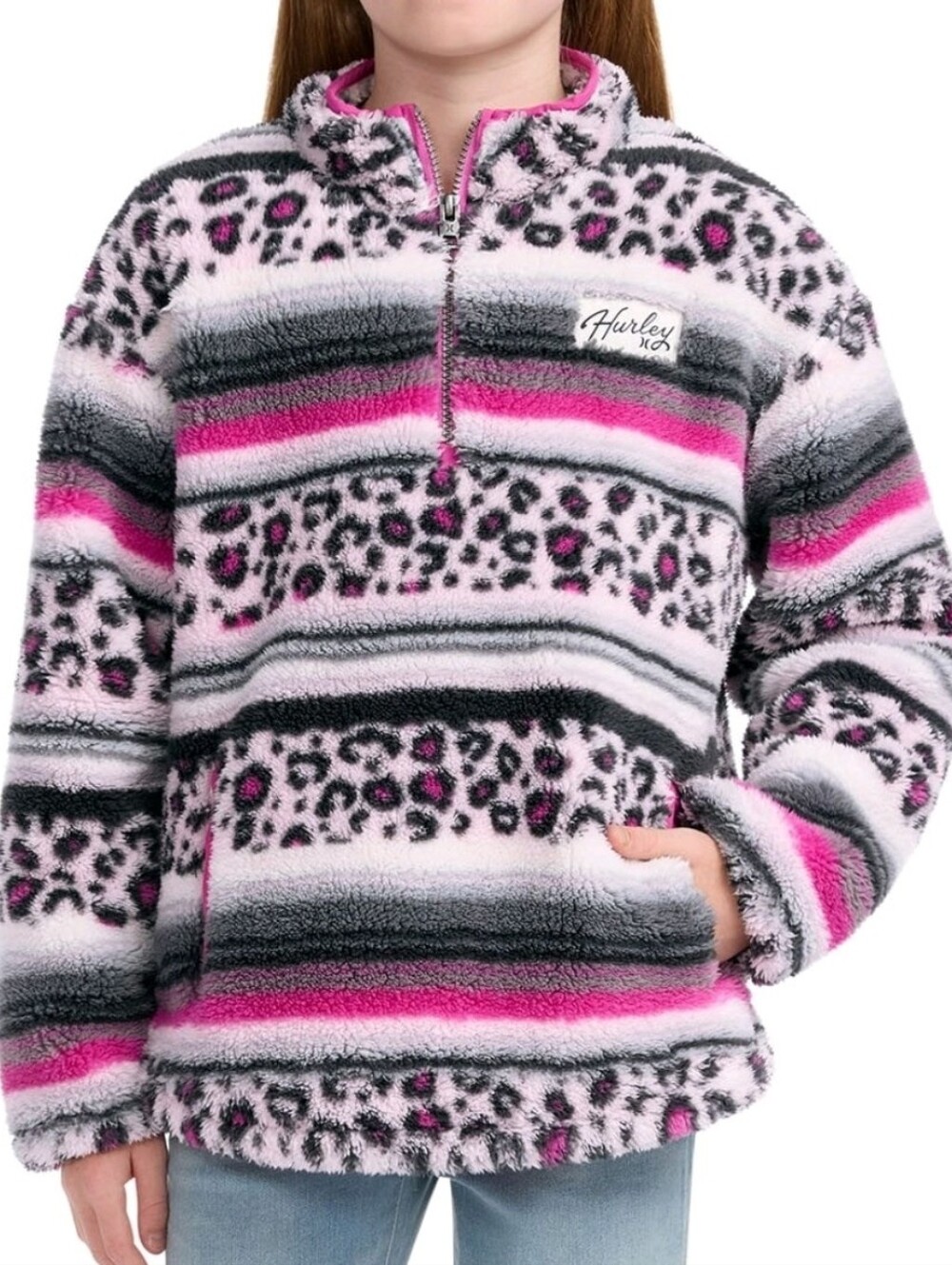 Hurley Girls' Fuzzy Pullover Jacket - Pink, Gray & Black Leopard Stripe